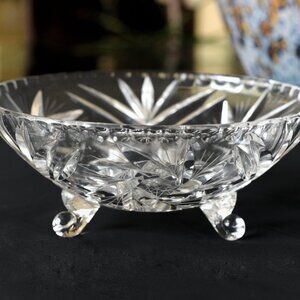 Vintage Lead Cut Crystal Glass 3-Footed Crystal Bowl with Pinwheel Star Design
